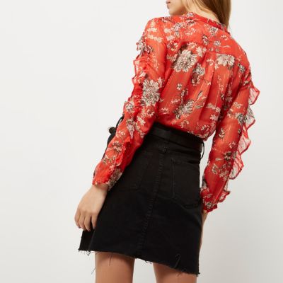 Red floral print frill blouse
